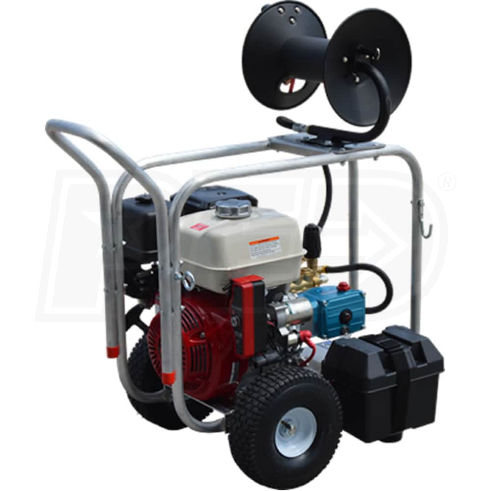 Pressure-Pro Professional 4000 PSI (Gas - Cold Water) Roll Cage Frame Pressure Washer w/ Hose Reel, Cat & Electric Start Honda GX390 Engine